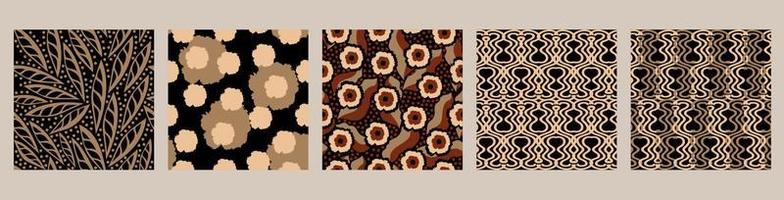 Vector set of five seamless patterns with beige details on black background.