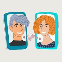 Man and woman talking with each other on their smartphones. Virtual dating concept. vector