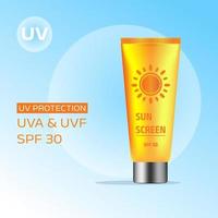 Sunscreen ad poster template. Banner with one golden tube of sunscreen on blue background. Vector 3d ad illustration for promotion of summer goods.