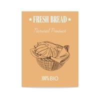 Vector hand drawn sketch wicker basket with loaf of bread poster. Bread illustration.  Icons and elements for print, labels, packaging.