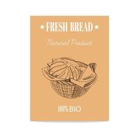 Vector hand drawn sketch wicker basket with loaf of bread poster. Bread illustration.  Icons and elements for print, labels, packaging.