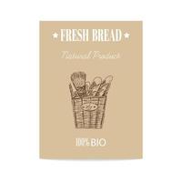 Vector hand drawn sketch poster of wicker square basket with baguettes. Bread illustration.  Icons and elements for print, labels, packaging.