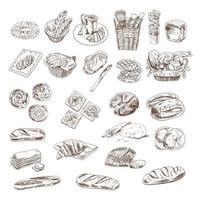 Bakery fresh bread collection with various sorts of bread, croissant, pretzel, french baguette, rolls, bagels and buns isolated on white background. Vector sketch illustration.