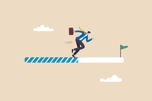 Progress or journey to success or achieve goal, business step or career path, mission or challenge to succeed, improvement concept, ambitious businessman run on progress bar to achieve success flag. vector