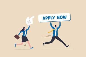Apply new job online, career opportunity or employment vacancy, job application or opening position concept, businessman holding apply now button and businesswoman with mouse pointer to click. vector