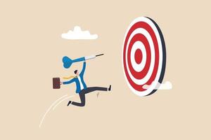 Focus on business goal, reaching target or achievement, achieve business objective or purpose, motivation to success concept, confidence businessman holding dart jumping right to dartboard bullseye. vector