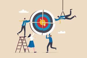 Team target to success together, teamwork or challenge to work as partnership, coworkers or colleague collaboration to achieve goal concept, business people team work together to connect arrow target. vector