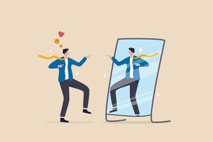 Self acceptance, love and respect yourself, key to success, confidence and positive thinking, attitude or mindset for leader concept, confidence businessman appreciate his self reflection on mirror. vector