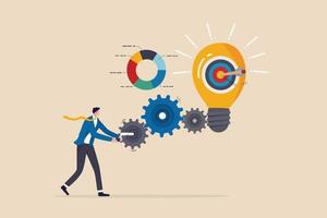 Project initiation or project management, research or implement business idea to see result, effort to develop idea and business goal concept, businessman turn cog wheels to light up lightbulb idea. vector