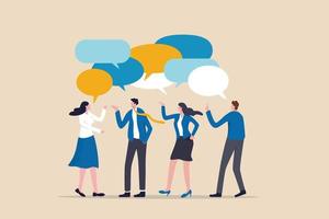 Discussion, conversation or brainstorming for idea, meeting, debate or team communication, colleague chatting, opinion concept, business team coworker discussing work in meeting with speech bubbles. vector