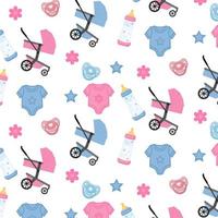 Baby care accessories seamless pattern. Bottle, pacifier, stroller, clothes. Vector illustration.