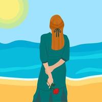 Girl on the beach with a flower in her hands. Vector illustration.