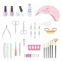 Set of tools for manicure. Varnish, scissors, nail file, scraper, wire cutters. Vector illustration.