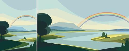 paisaje con río y arco iris. paisajes naturales en diferentes formatos. vector