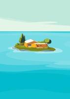 Seascape with orange house on island. Natural landscape in vertical format. vector