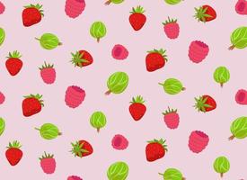 Seamless pattern with different berries. Texture with strawberry gooseberry and raspberry in cartoon style. vector