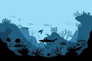 silueta de arrecife de coral con peces y buzos en el fondo azul del mar ilustración vectorial submarina