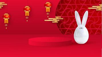 Platform and podium for presentations. Festive Christmas background, ceramic hare, hanging lanterns, traditional patterns. Happy new year of the rabbit. Vector