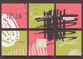 Set of promotional banners with dashes and blots of trendy colors. Announcement of a new collection, discounts on it, summer sale. Template for sale, advertising, web.Watermelon palette. vector