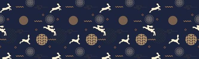 Mid autumn festival square banner with traditional patterns, cute bunnies and asian elements on dark blue background. Seamless pattern. Vector illustration