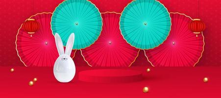 Platform and podium for presentations. Festive Christmas background, ceramic hare, hanging lanterns, fans, traditional patterns,golden balls. Happy new year of the rabbit. Vector illustration