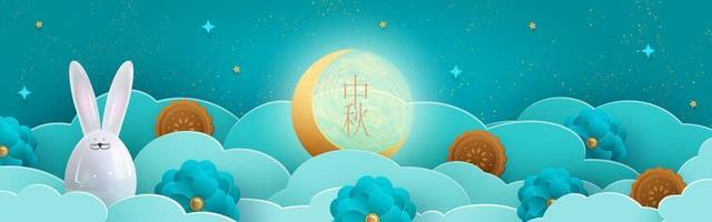 Cute ceramic bunny in blue clouds. Happy Mid-Autumn Festival Chuseok. Translation of the hieroglyph Mid-Autumn Festival. Vector illustration.