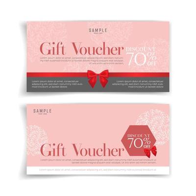 Grey gift voucher with red bow ribbon. Simple and luxury style. Gift card with ribbon.