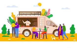 Street Food Festival, people buying takeaway coffee in truck, vehicle. Mobile coffee shop, cafe on wheels with barista. Characters sitting at table and walking together in city park, vector concept