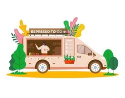 Street Food Festival, people buying takeaway coffee in truck, vehicle. Mobile coffee shop, cafe on wheels with barista in city park, vector concept banner