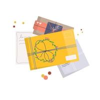 Set of envelopes with stamps. Icon for delivery letter, correspondence through postal service. Hand made gift or present with craft paper letter, ribbon, branches and  decor elements. flat vector