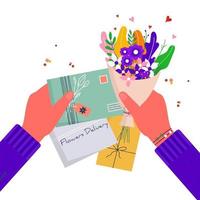 Concept for flower delivery with hand holding bouquet and craft paper envelope. Online delivery service. Vector illustration for web with bouquet, parcel, pack