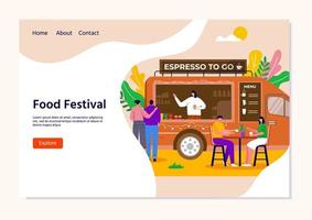 Street Food Festival concept for landing page, people buying takeaway coffee in truck, vehicle. Mobile coffee shop, cafe on wheels with barista. Characters  walking together in city park, vector