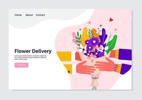 Courier holding in hand parcel ready for fast flower delivery to the recipient. Online delivery service concept landing page. Vector illustration for web with bouquet, parcel, pack