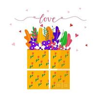 paquete de dibujos animados con flores para iconos de entrega. paquetes postales de san valentín, paquetes, cajas, paquetes para el concepto de servicio de entrega en línea. vector aislado