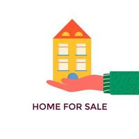 Banner for sales, advertising house, cottage with trees. Hand holding Offer of home purchase. Rental of Real Estate. Vector flat design, urban landscape.