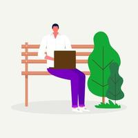 People walking in the park, man sitting on the bench with laptop, Young freelancer working. Leisure and outdoor activity. Vector flat concept illustration