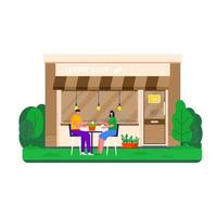 People buying coffee. coffee shop, cafe. Characters sitting at table and drink latte in city park, vector concept of love date