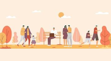 People walking in the park, practicing sports, relaxing, connecting, sitting on bench, . Leisure and outdoor activity, family picnic, summer rest. Vector flat concept illustration