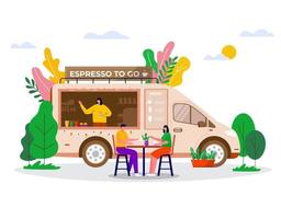 Street Food Festival, people buying takeaway coffee in truck, vehicle. Mobile coffee shop, cafe on wheels with barista. Characters sitting at table and walking together. vector concept