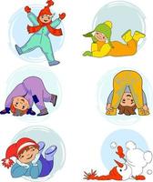 Cartoon characters depict children's winter games in the snow.