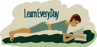 Learn every day. The girl is studying the material in an unusual physical pose. Flat style. vector