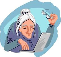 An old woman looks at a laptop. Learn every day. vector