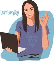The young woman looks approvingly into the computer. She gestures ok. Learn every day. vector