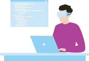 el niño lleva gafas vr y trabaja en la programación de software en su computadora portátil. vector