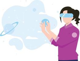 The girl is looking into space through VR glasses. vector