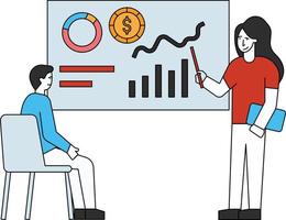 The girl presents a dollar graph chart to the boy. vector