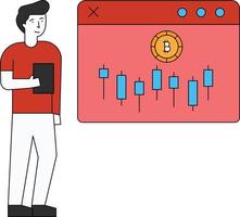 The boy looks at the bitcoin adjustment panel. vector