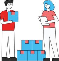 Boy and girl are talking about logistics packages. vector