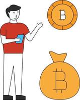 The girl is looking at the bitcoin. vector