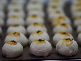 Dessert Moon cake, Chinese Puff Pastry, Bean cake with salted egg yolk, Thai cake mung bean and egg cake on top with Black Sesame Seeds place Stainless grating photo